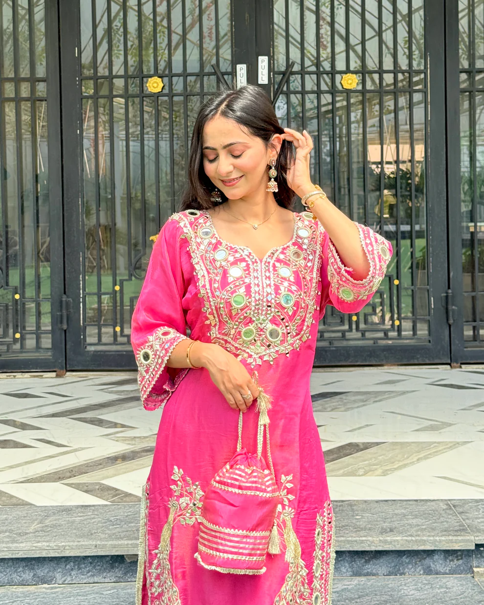 Pink Roman Silk Mirror Work Kurta & Sharara