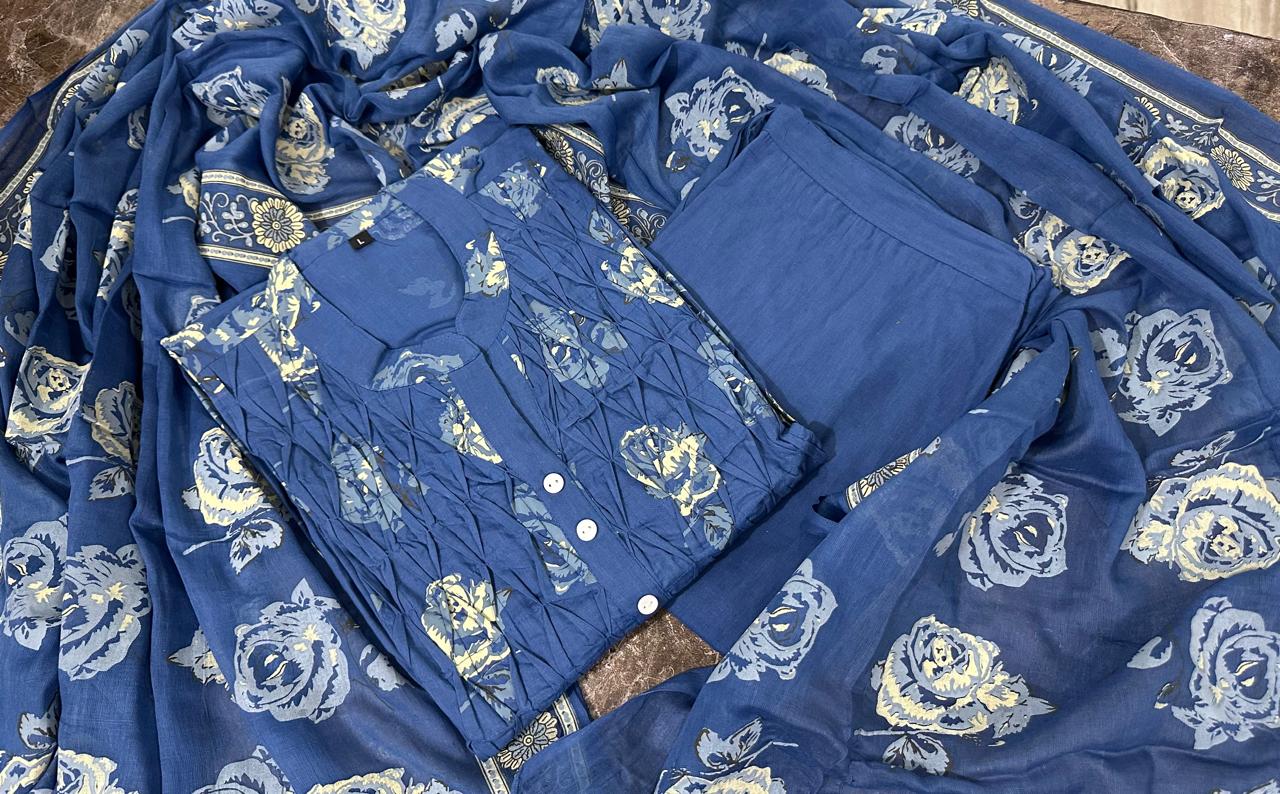 Floral Pintex Block Printed Kurti Pant & Dupatta (2 Colors)