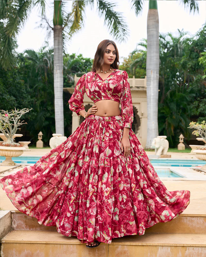 Maroon Color Georgette Printed Crop Top Lehenga Choli