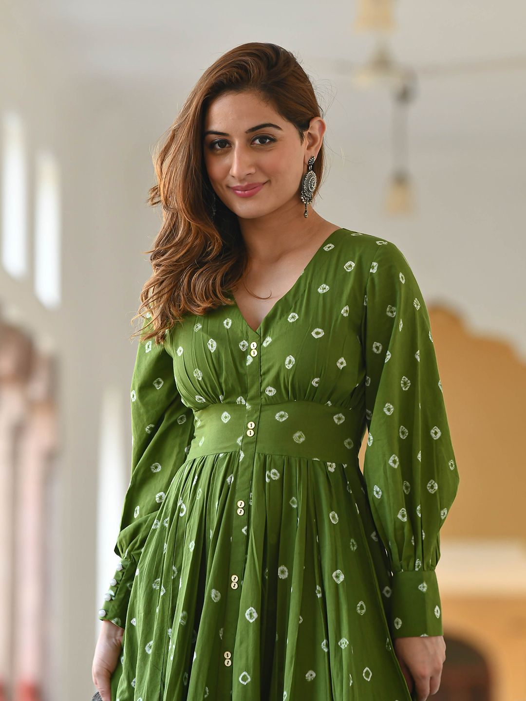 Bandhani Printed Bishop Sleeves Fit & Flare Cotton Maxi Ethnic Dress