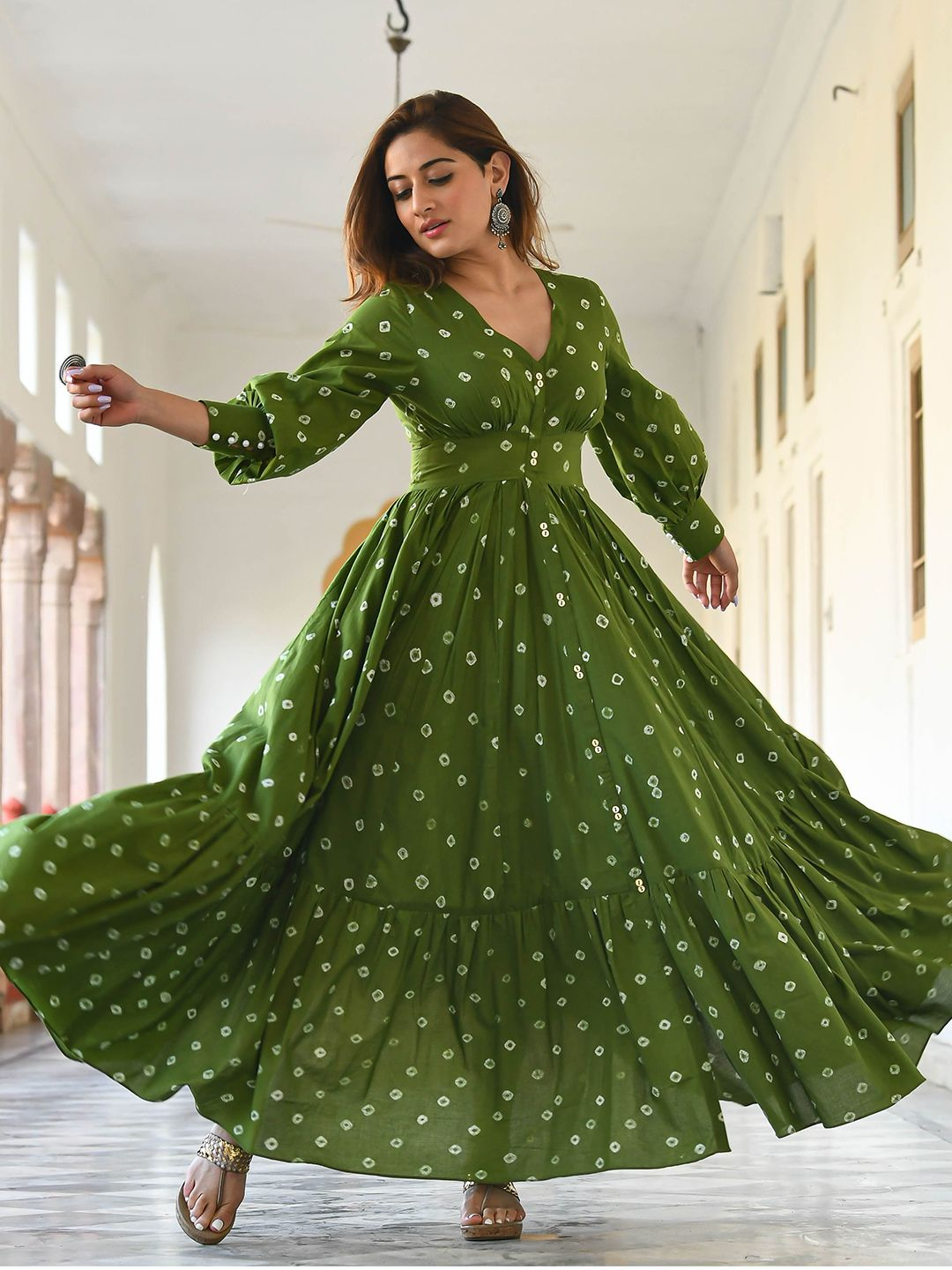 Bandhani Printed Bishop Sleeves Fit & Flare Cotton Maxi Ethnic Dress