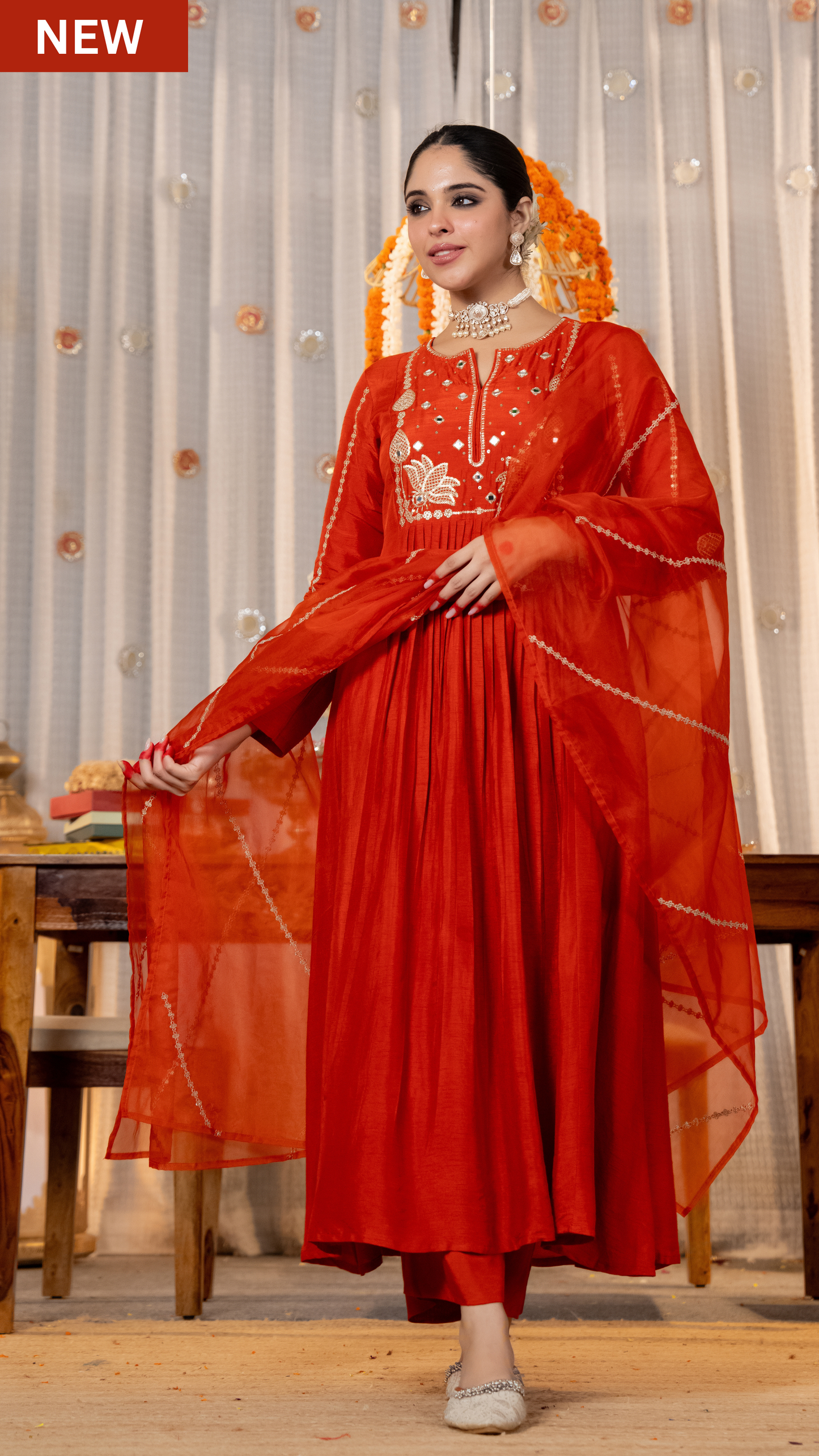 Ruby Russian Silk Embroidered Flared Suit Set