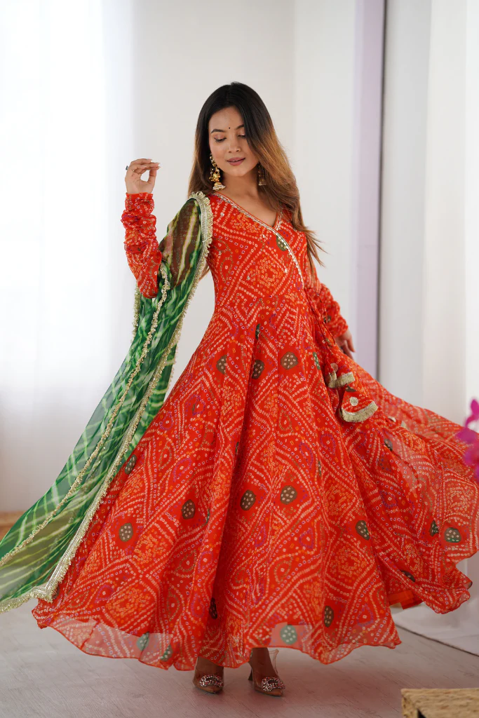 Orange Georgette Bandhani Anarkali Suit