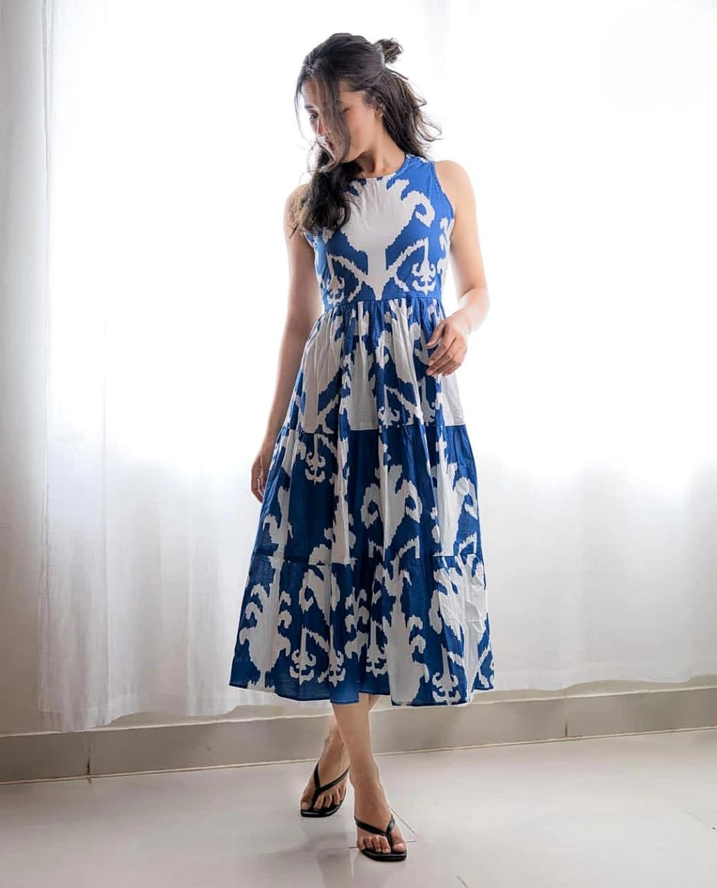 Only 2 Left - Cotton Printed Lotus Flower Middi Dress