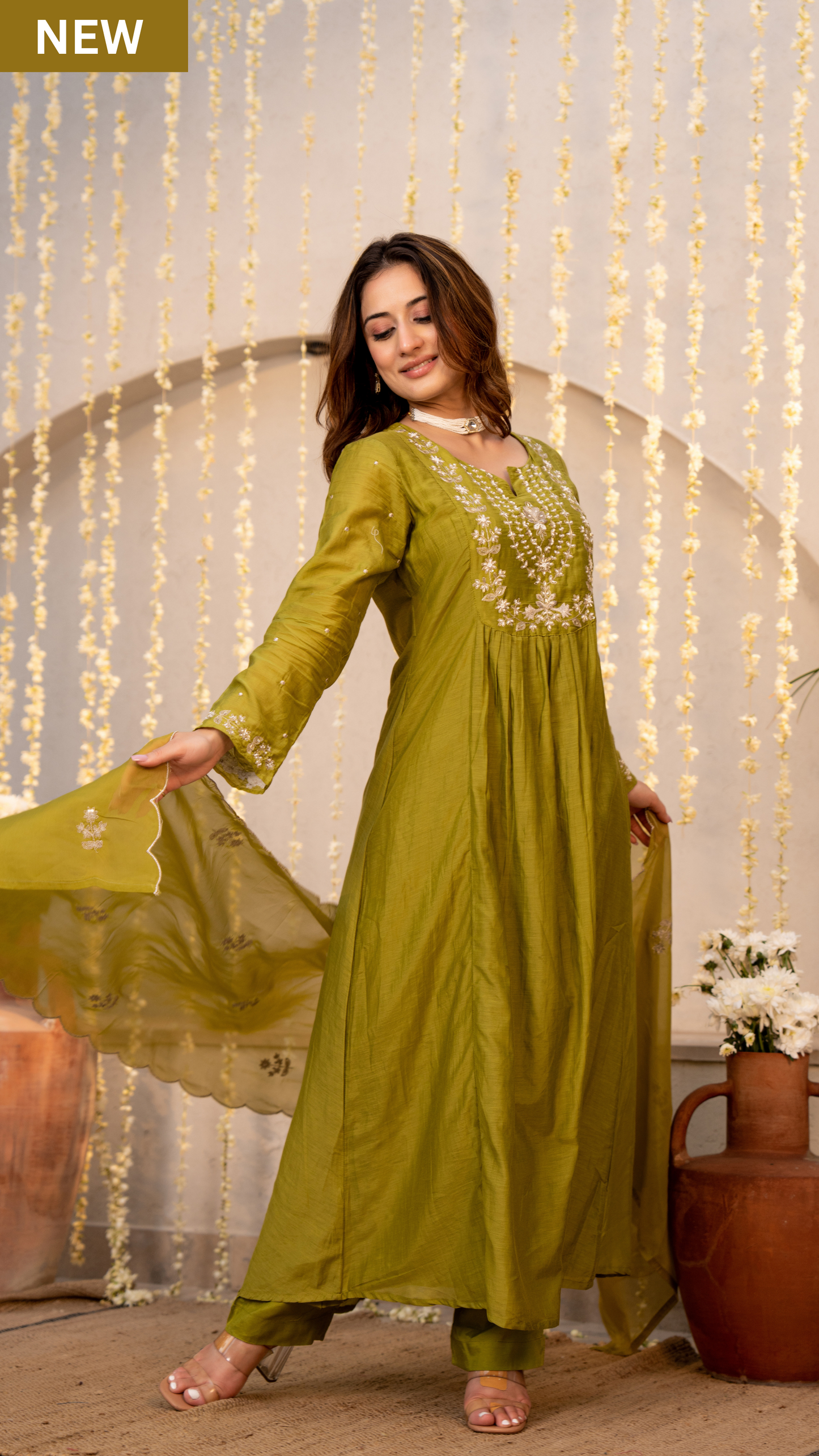 Olive Chanderi Embroidered Suit Set