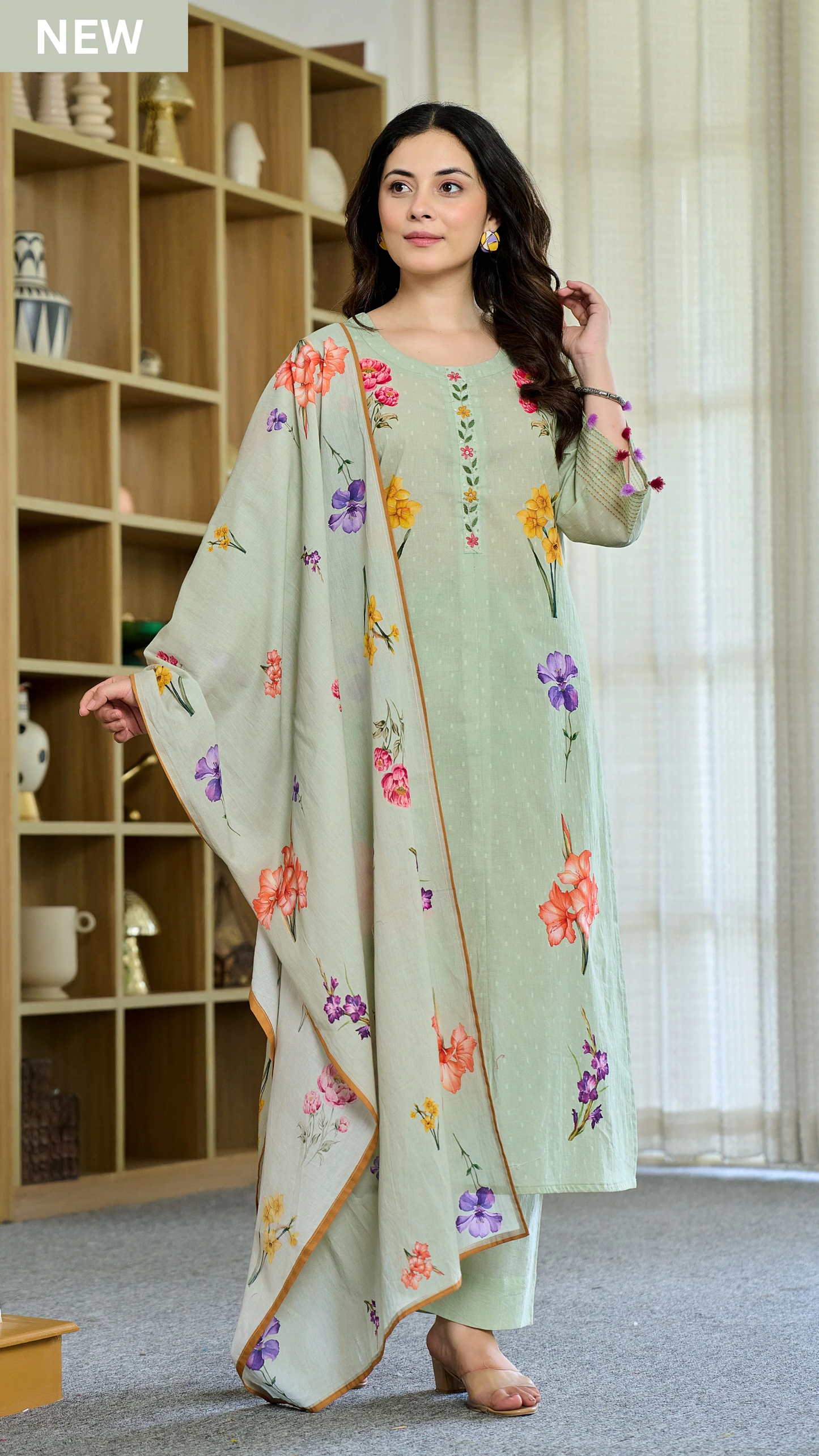 Cotton Mint Floral Kurti Suit Set