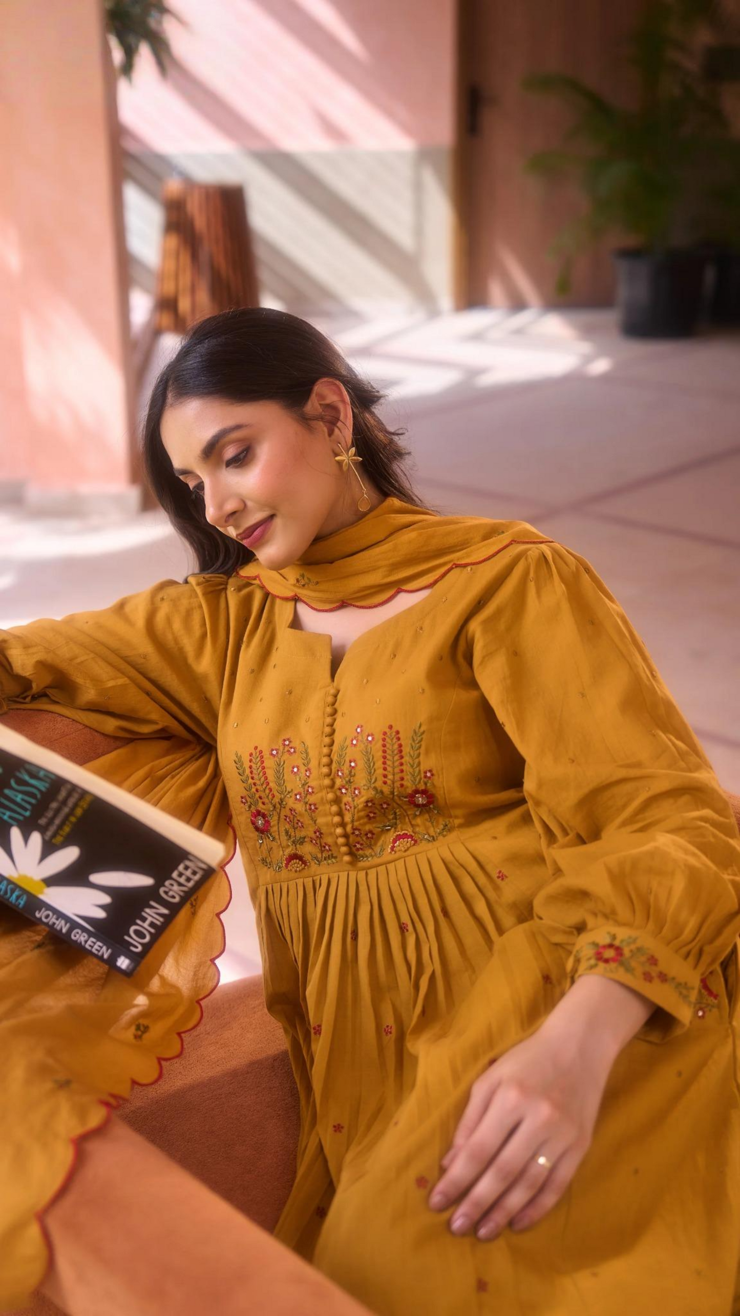 Mustard MulMul Embroidered Suit Set