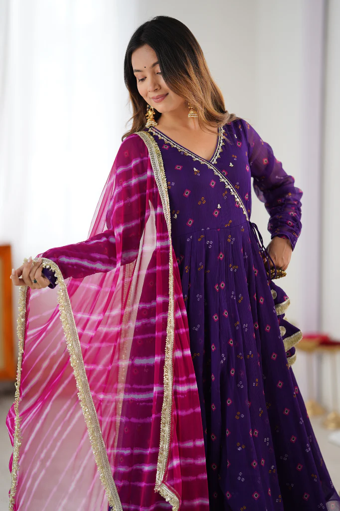 Purple Georgette Bandhani Anarkali Suit