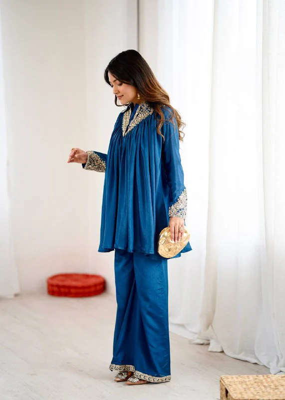 Peacock Blue Chinon Sequence Embroidered Kurta Plazzo Set
