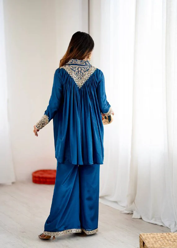 Peacock Blue Chinon Sequence Embroidered Kurta Plazzo Set