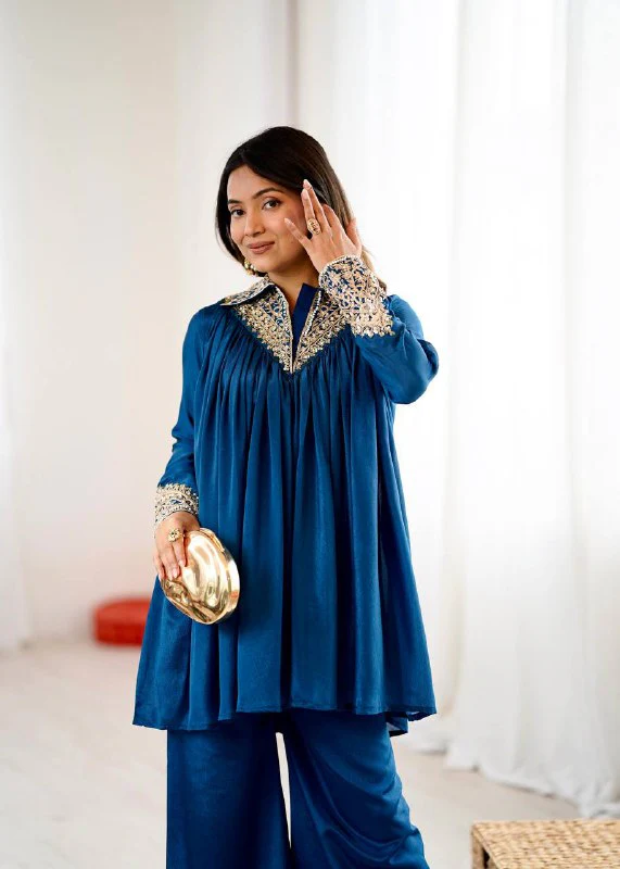 Peacock Blue Chinon Sequence Embroidered Kurta Plazzo Set