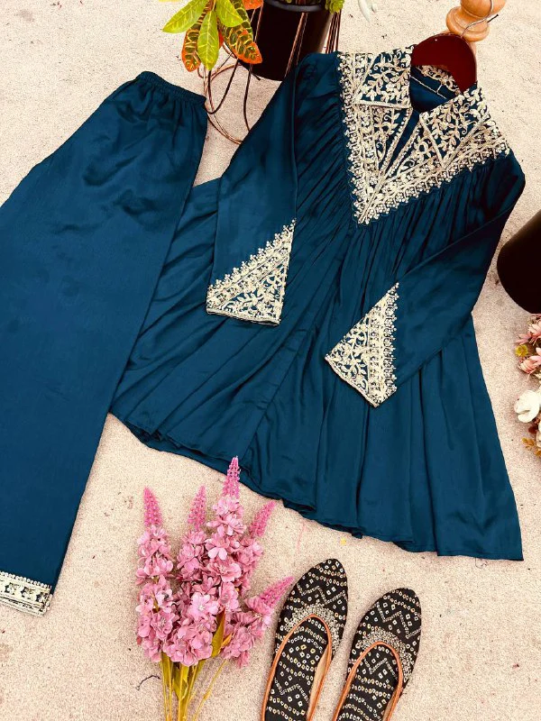 Peacock Blue Chinon Sequence Embroidered Kurta Plazzo Set
