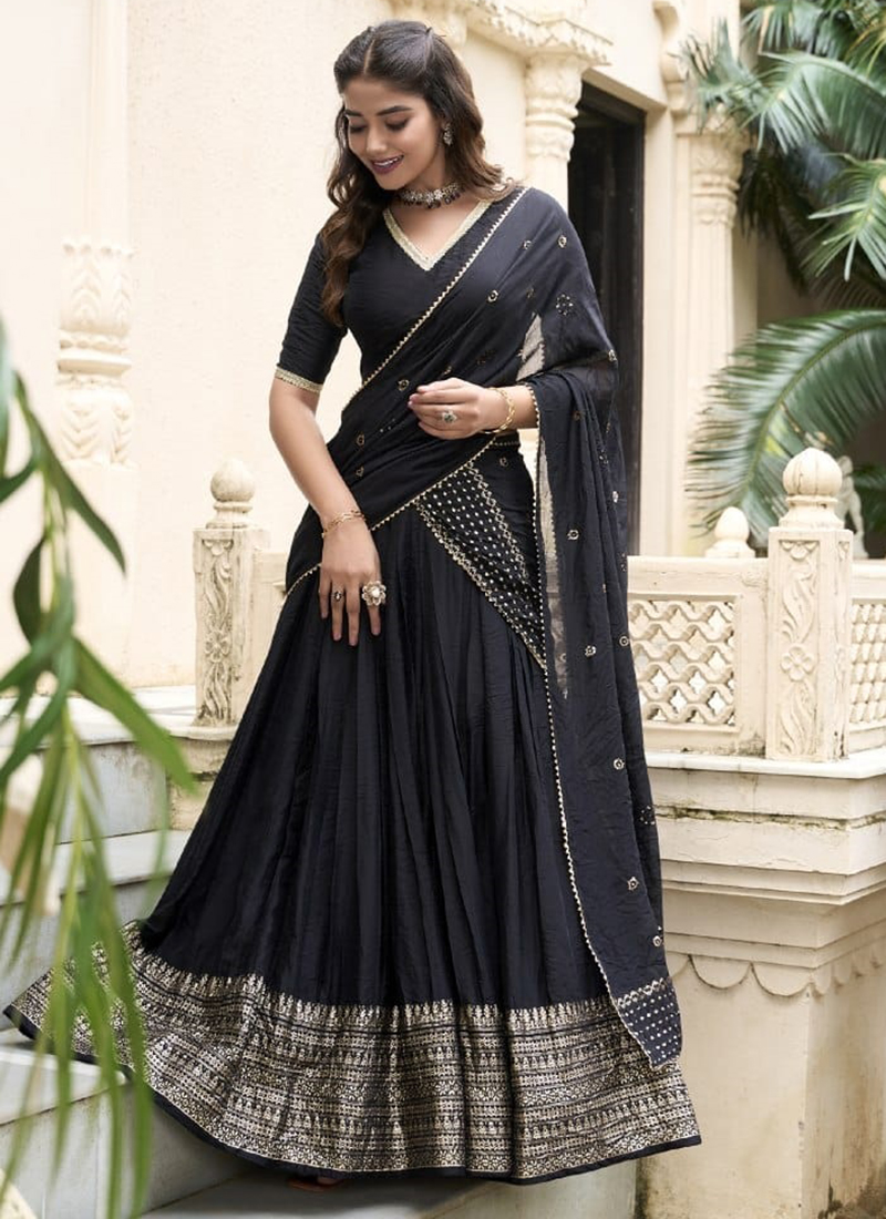 Black Chanderi Weaving Festival Wear Readymade Lehenga Choli
