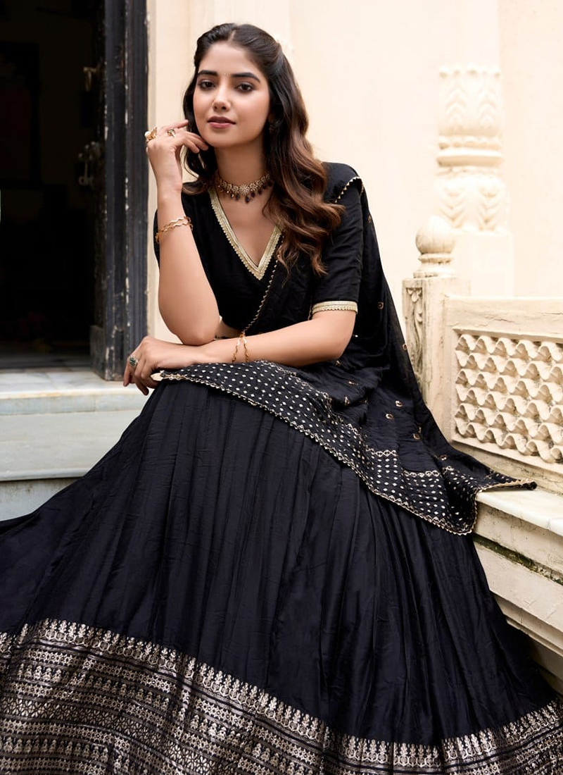 Black Chanderi Weaving Festival Wear Readymade Lehenga Choli