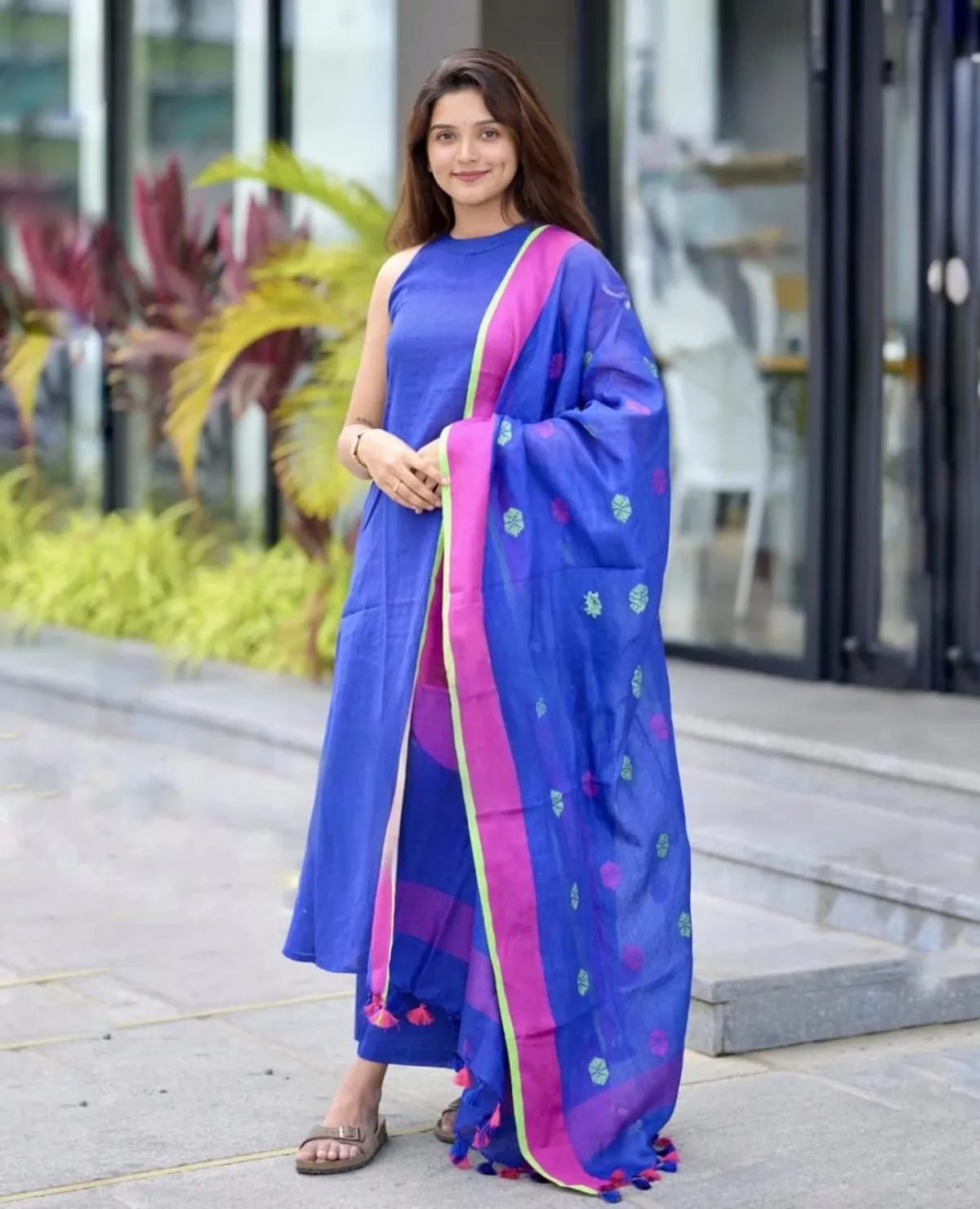 Bea Blue Handloom A-Line Kurti & Palazzo With Linen Woven Dupatta