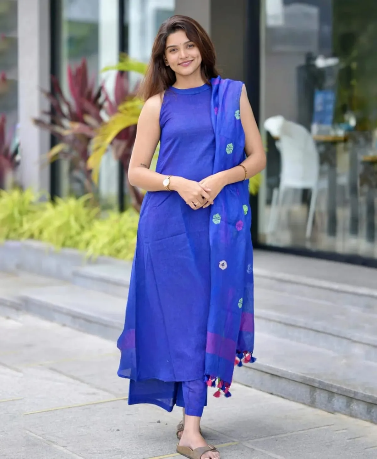 Bea Blue Handloom A-Line Kurti & Palazzo With Linen Woven Dupatta