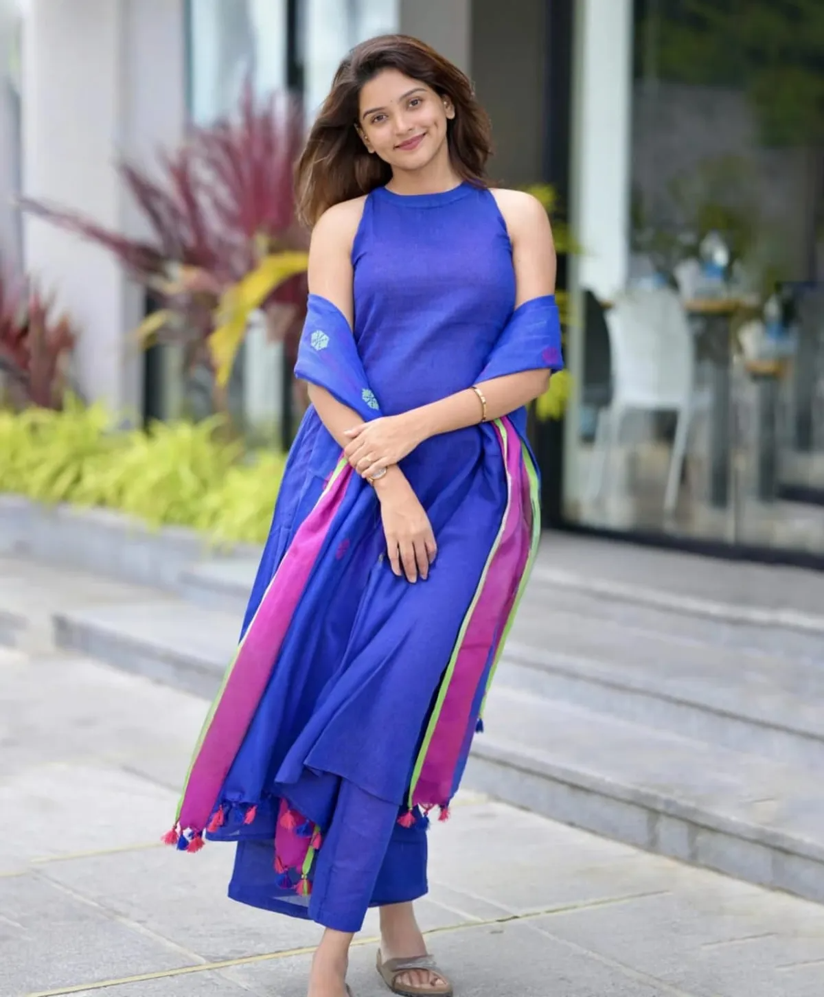 Bea Blue Handloom A-Line Kurti & Palazzo With Linen Woven Dupatta