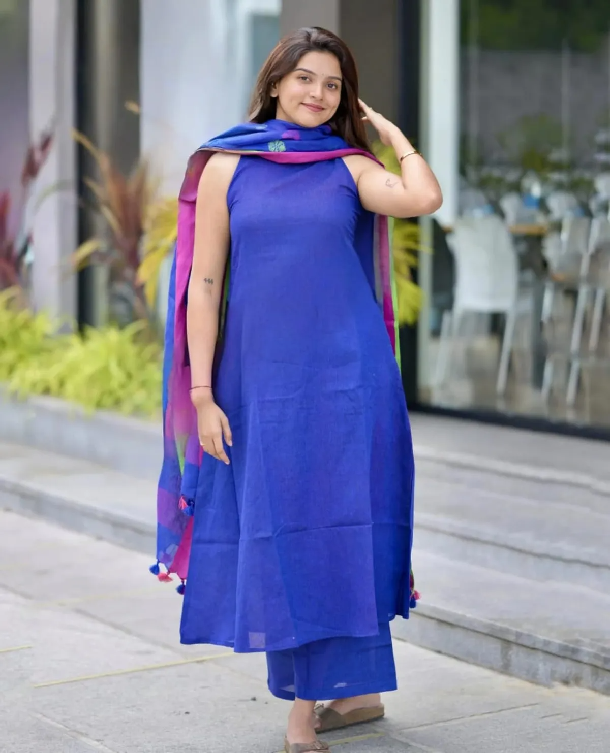 Bea Blue Handloom A-Line Kurti & Palazzo With Linen Woven Dupatta