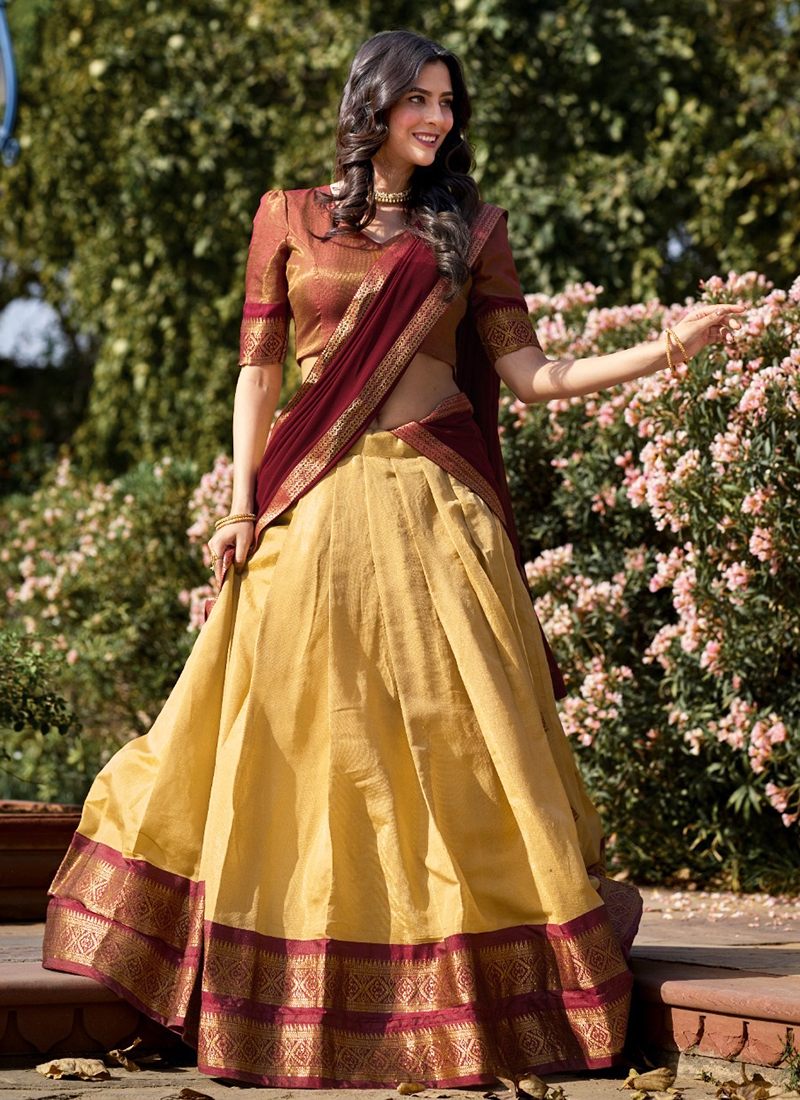Cream Kanchipuram Weaving Traditional Wear Lehenga Choli