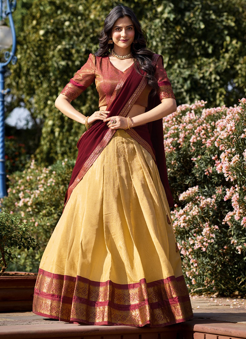 Cream Kanchipuram Weaving Traditional Wear Lehenga Choli