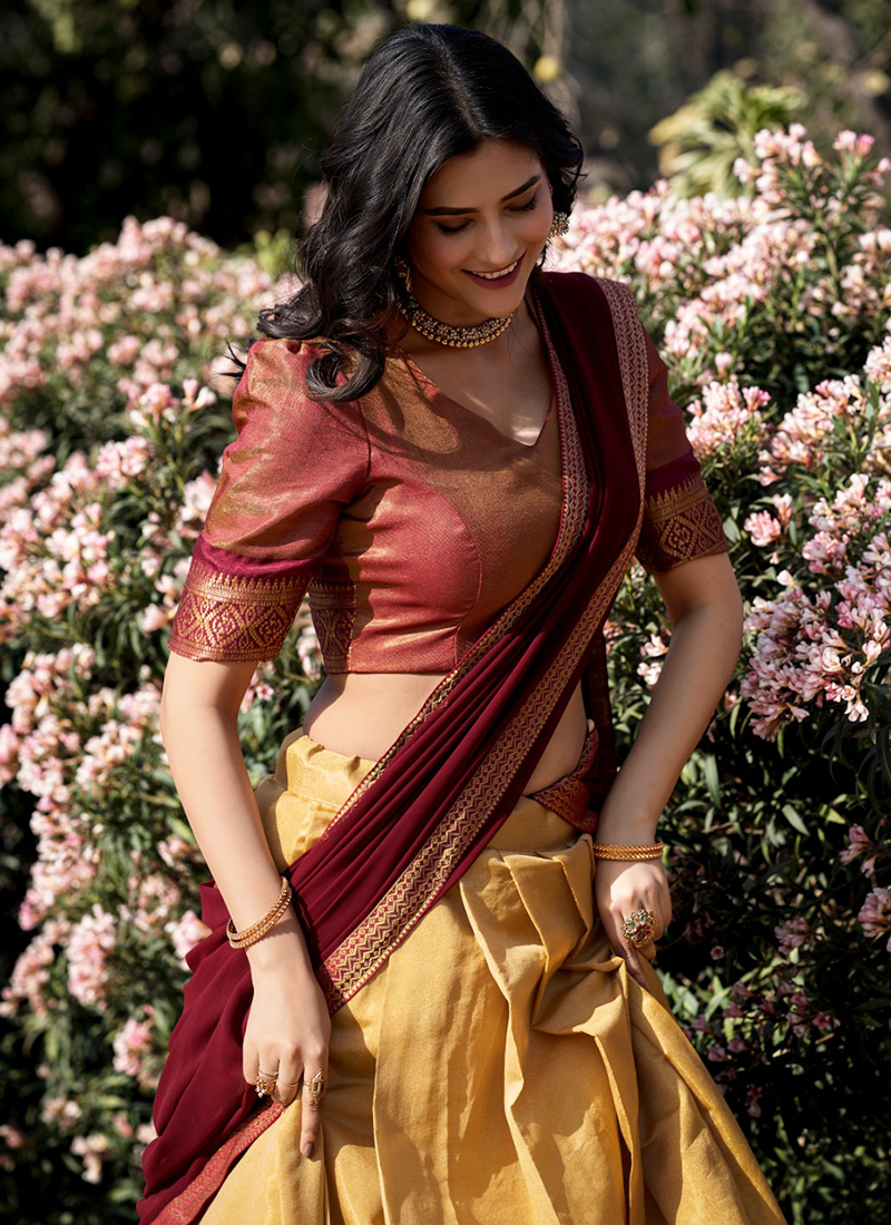 Cream Kanchipuram Weaving Traditional Wear Lehenga Choli