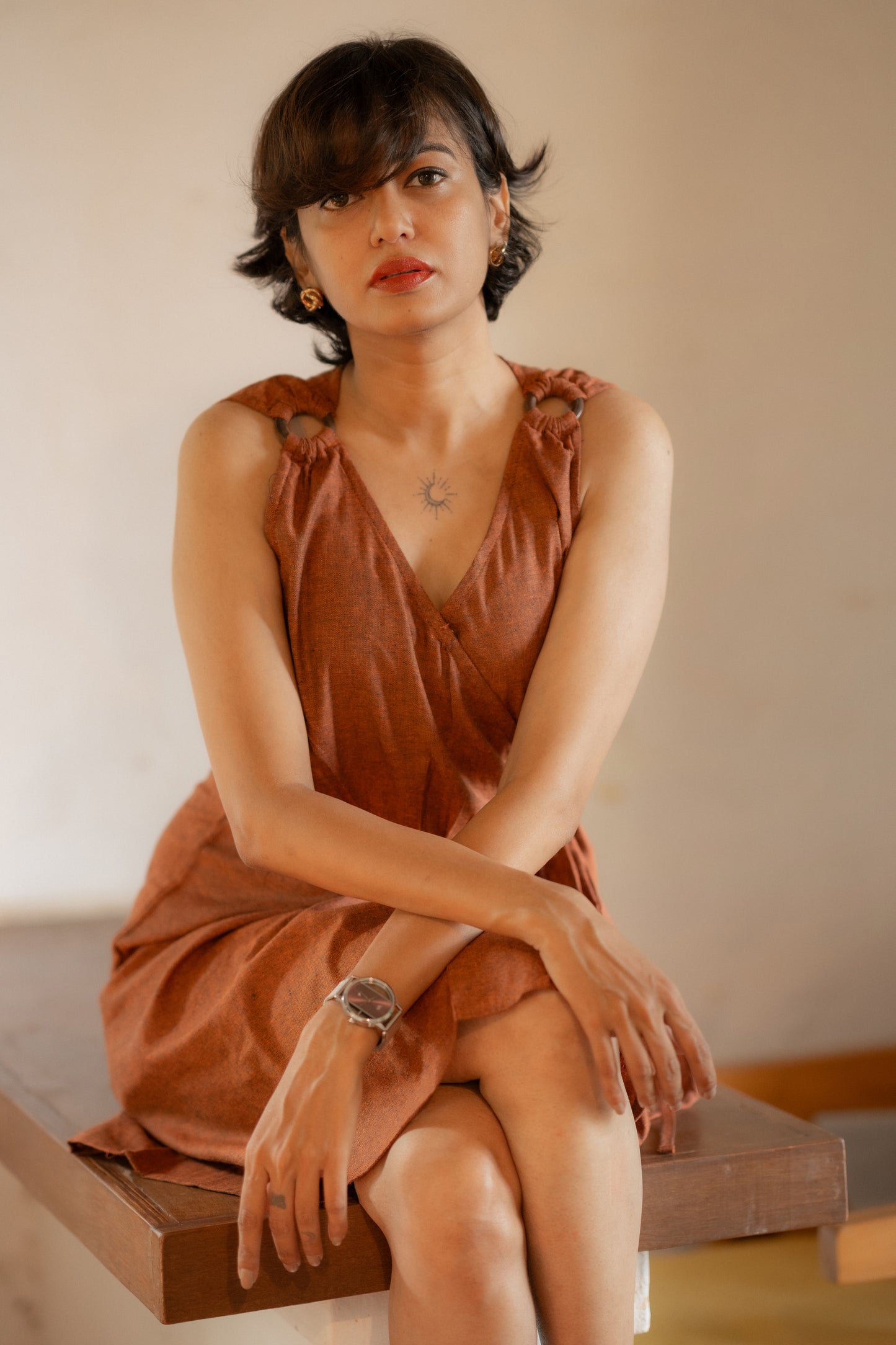 Tan Brown Wrap Around Tie-Up Dress