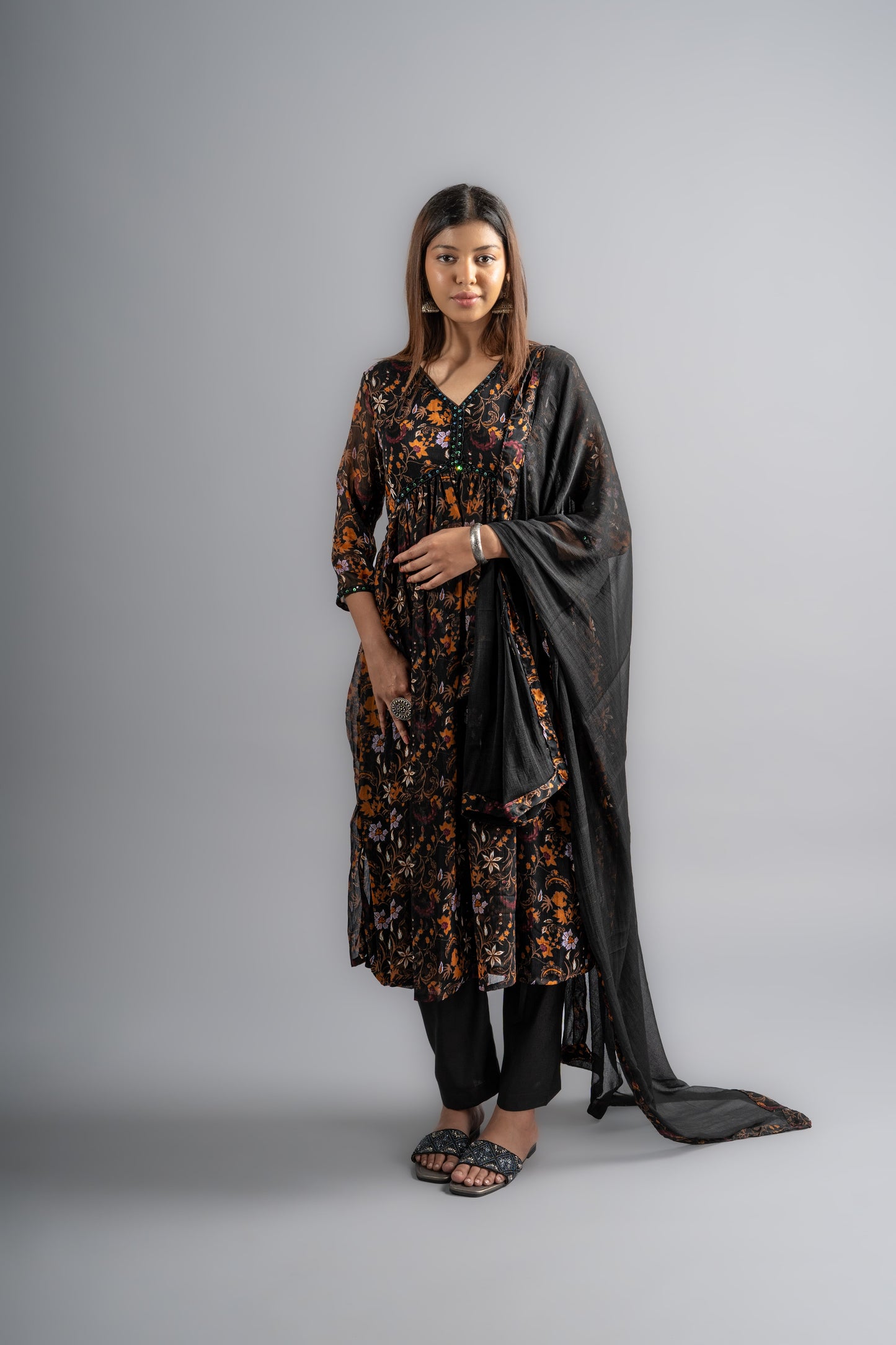 Floral Printed Beads & Embroidered Flared Kurta with Pants & Dupatta - Black (Set of 3)