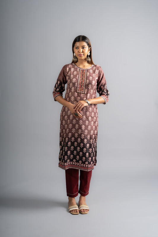 Brown Ombre Silk Floral Embroidered Kurta & Pant with Dupatta (Set of 3)