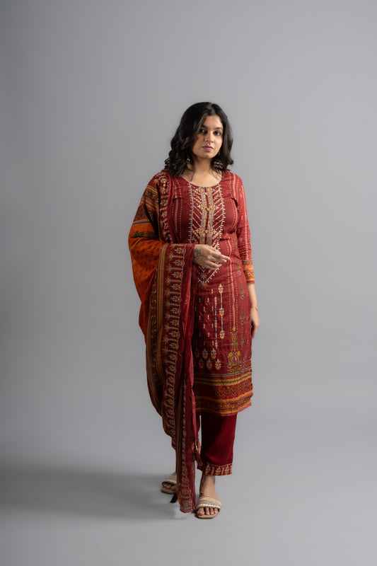 Amber Red Embroidered Kurta pants with Dupatta (Set of 3)