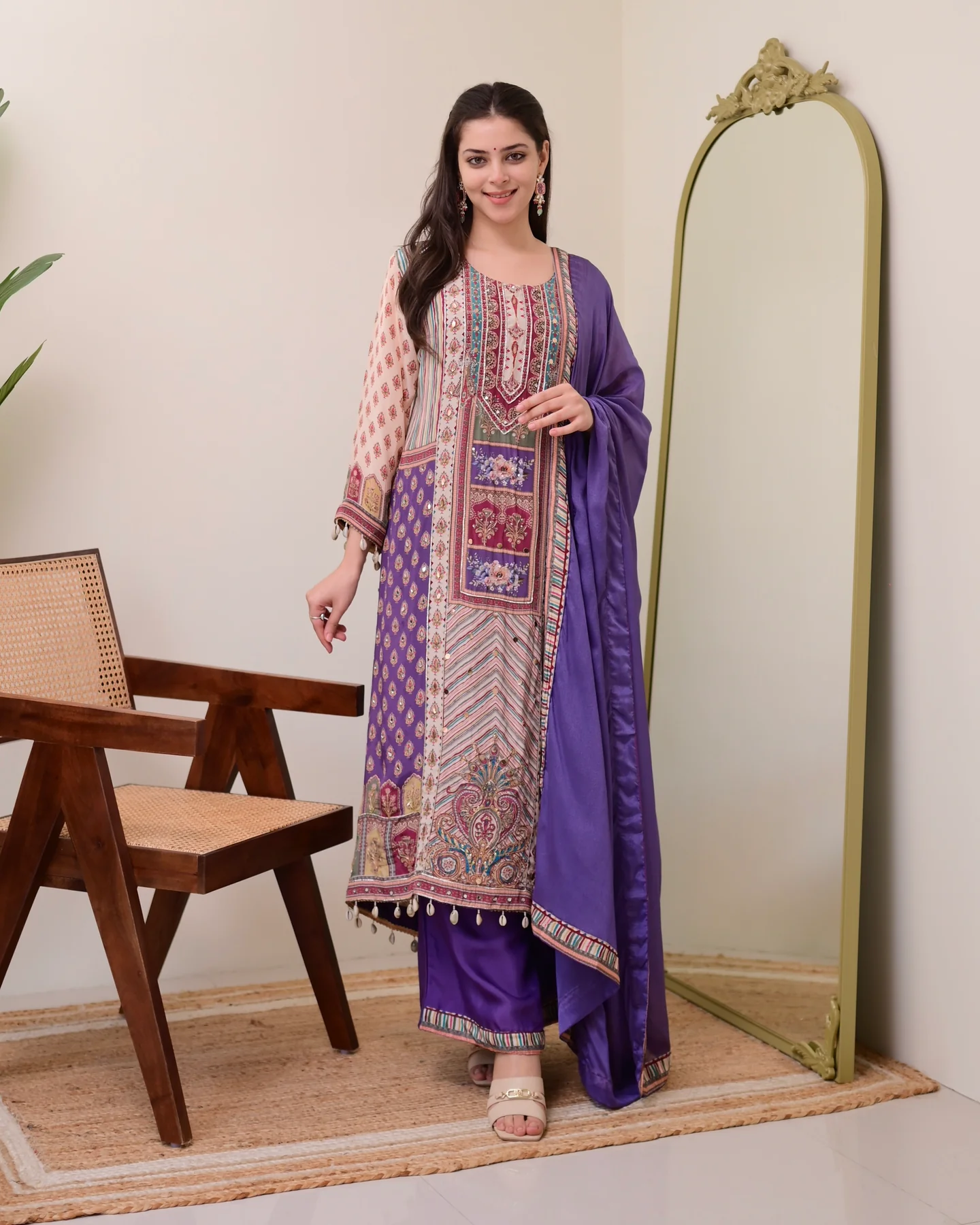 Lavender Chiffon Hand Work A-Line Festive Suit Set