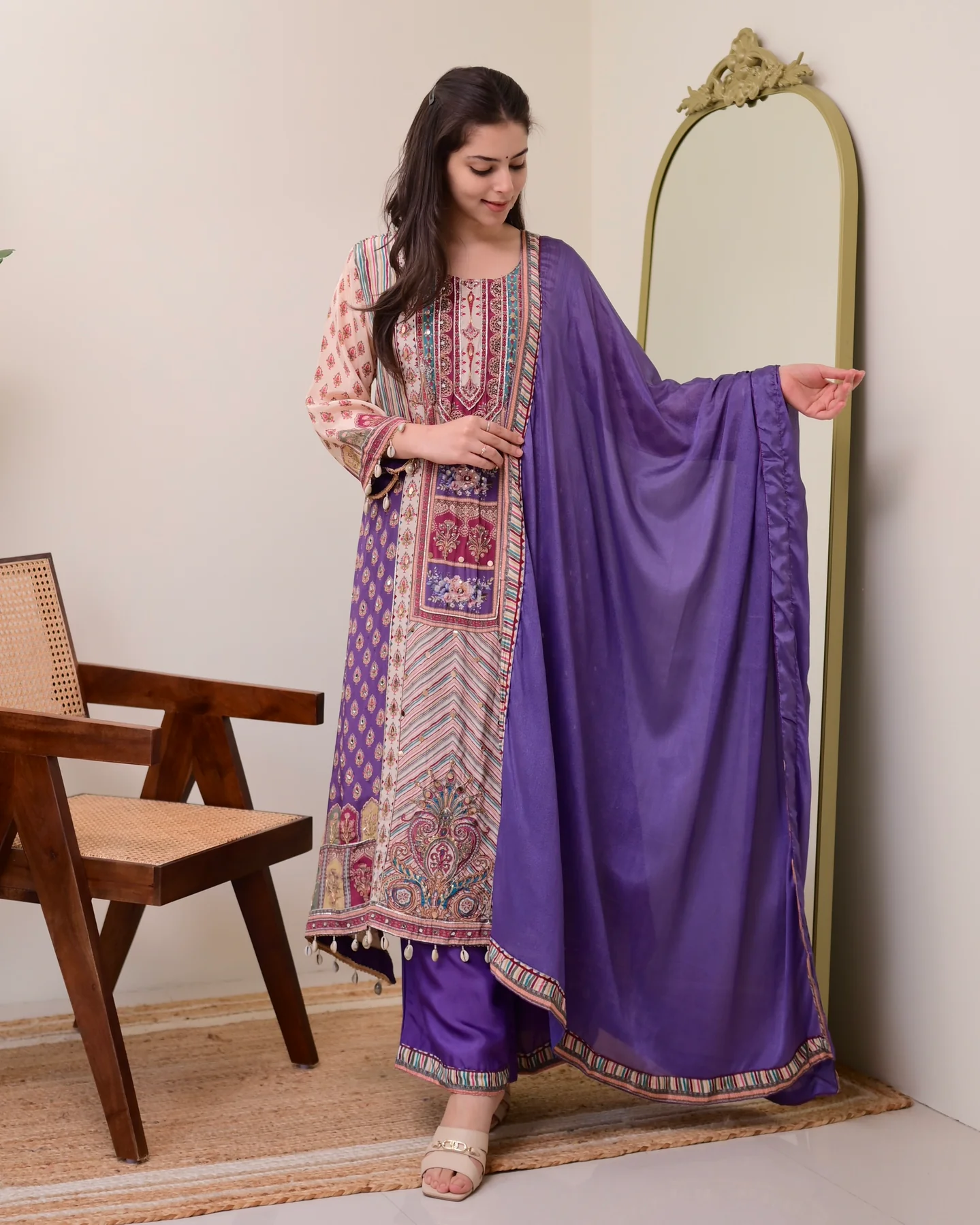 Lavender Chiffon Hand Work A-Line Festive Suit Set