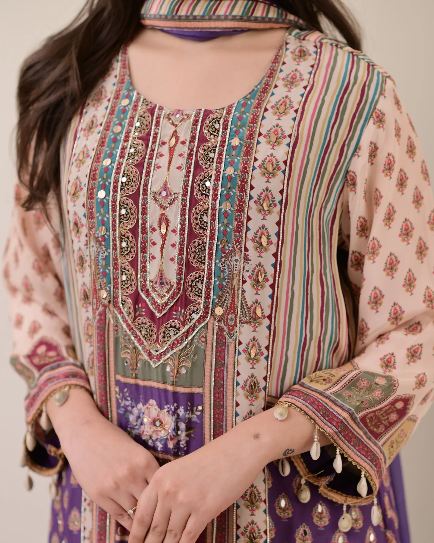 Lavender Chiffon Hand Work A-Line Festive Suit Set