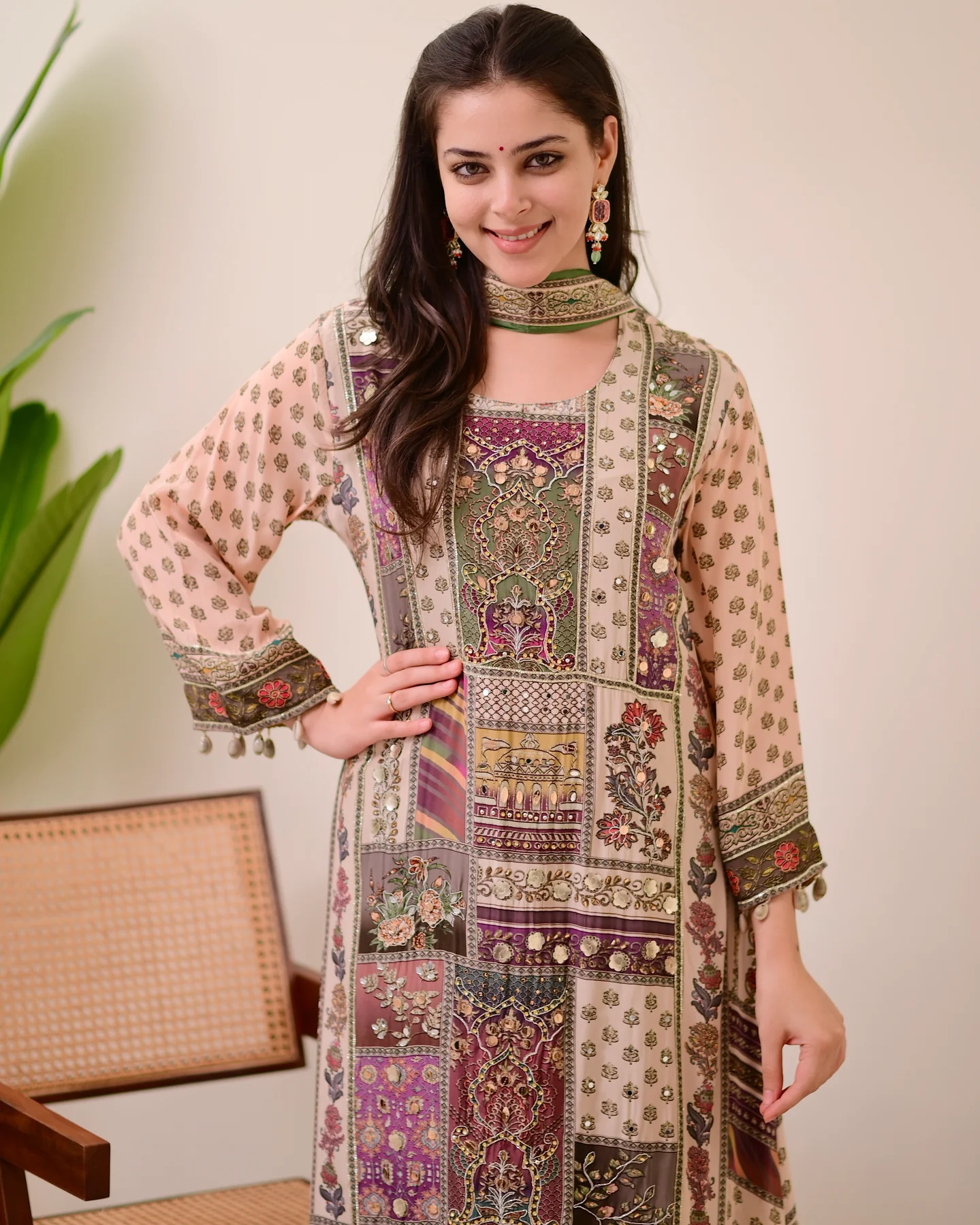 Green Chiffon Hand Work A-Line Festive Suit Set