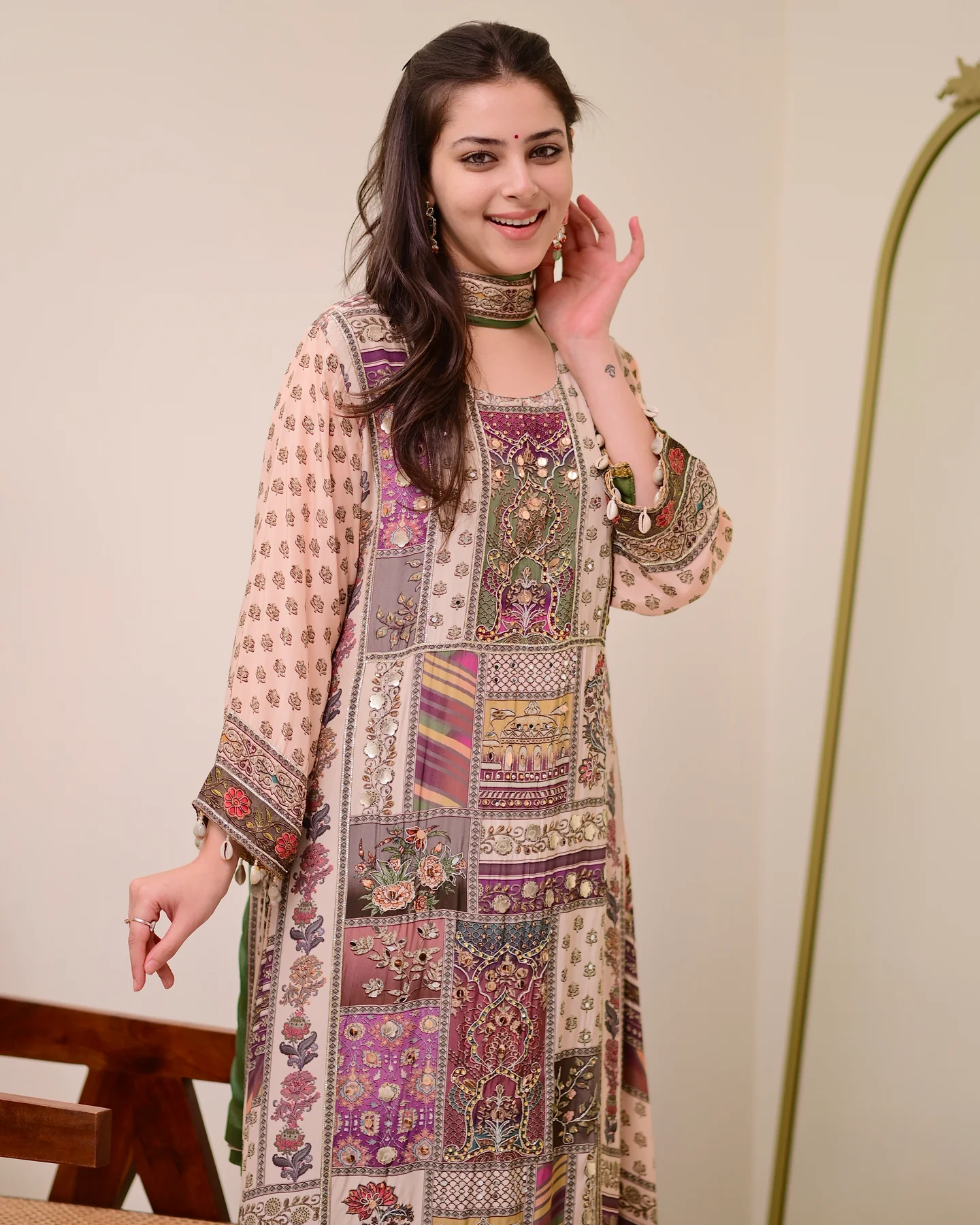 Green Chiffon Hand Work A-Line Festive Suit Set