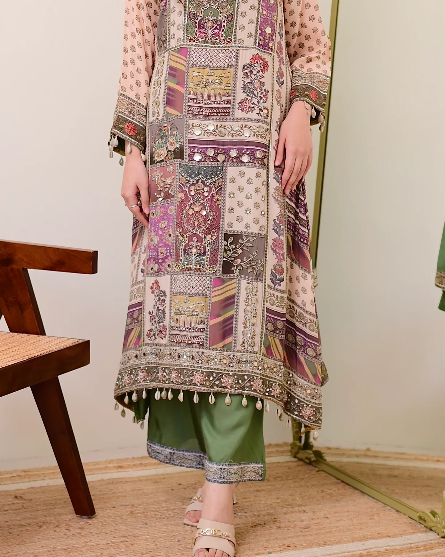 Green Chiffon Hand Work A-Line Festive Suit Set