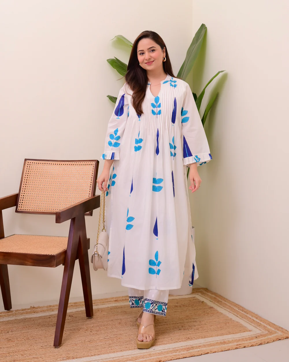 White Cotton Printed Kurta Pant Set