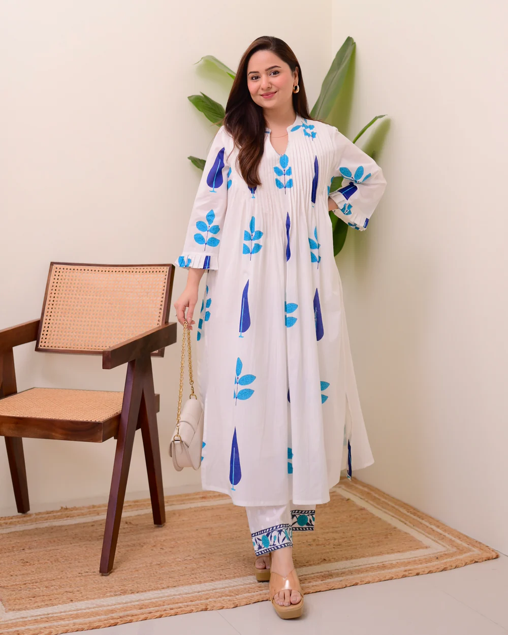 White Cotton Printed Kurta Pant Set