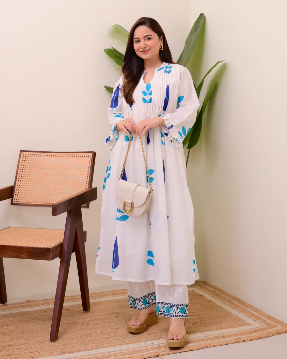 White Cotton Printed Kurta Pant Set