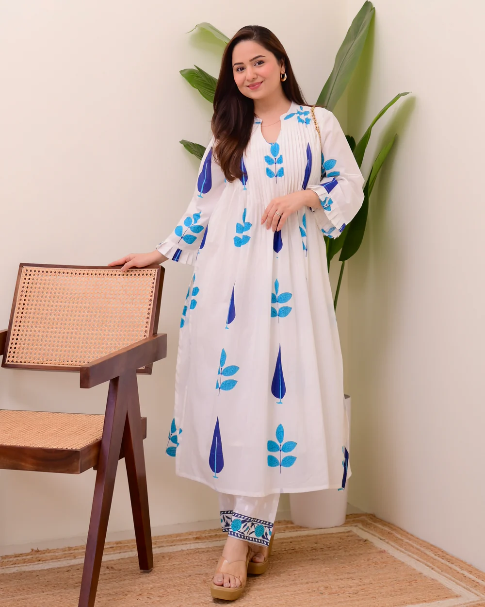 White Cotton Printed Kurta Pant Set