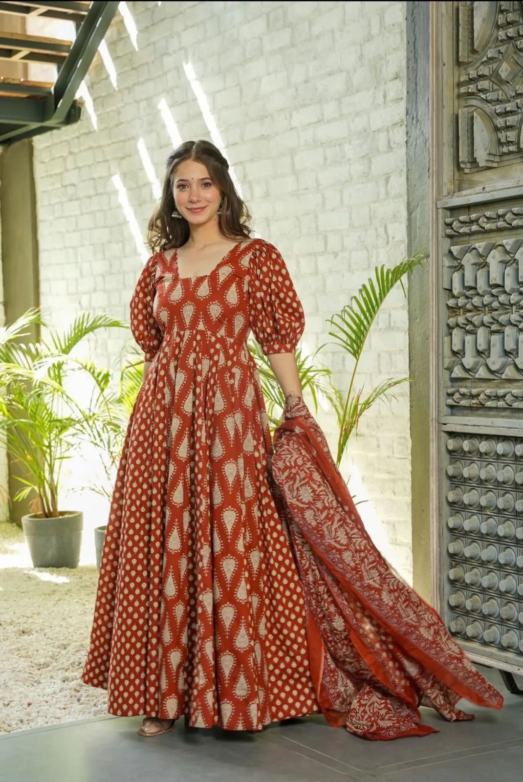 Orange Printed Puff Sleeves Anarkali Suit