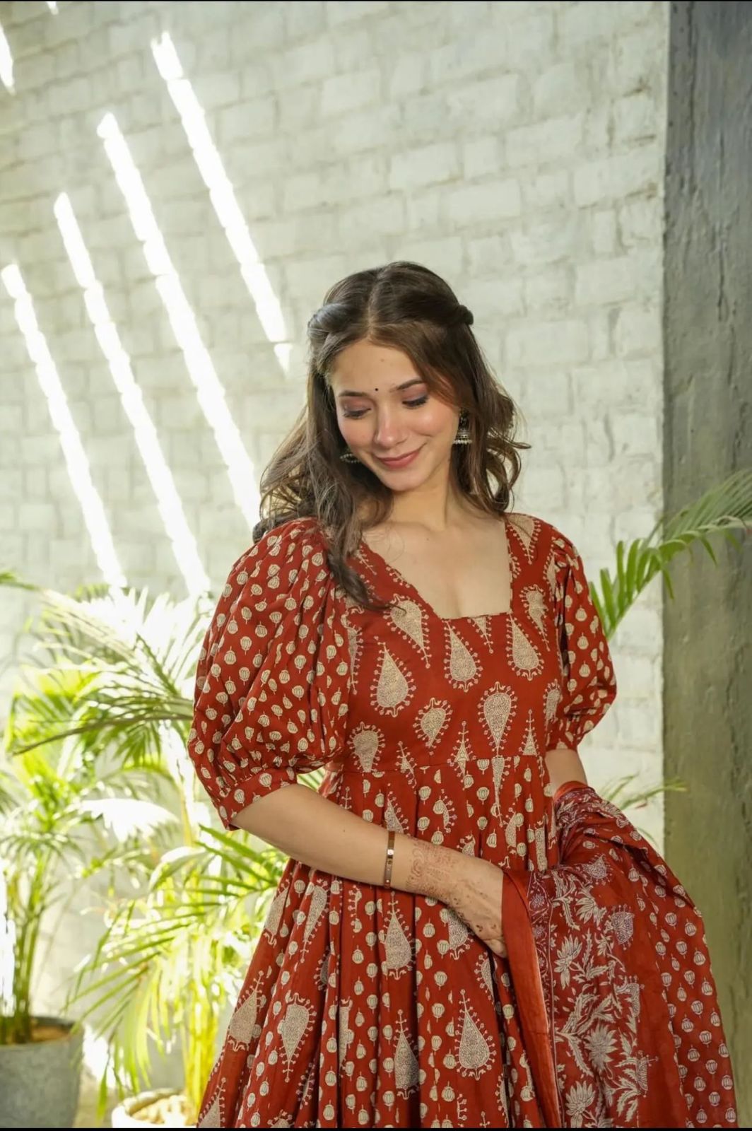 Orange Printed Puff Sleeves Anarkali Suit