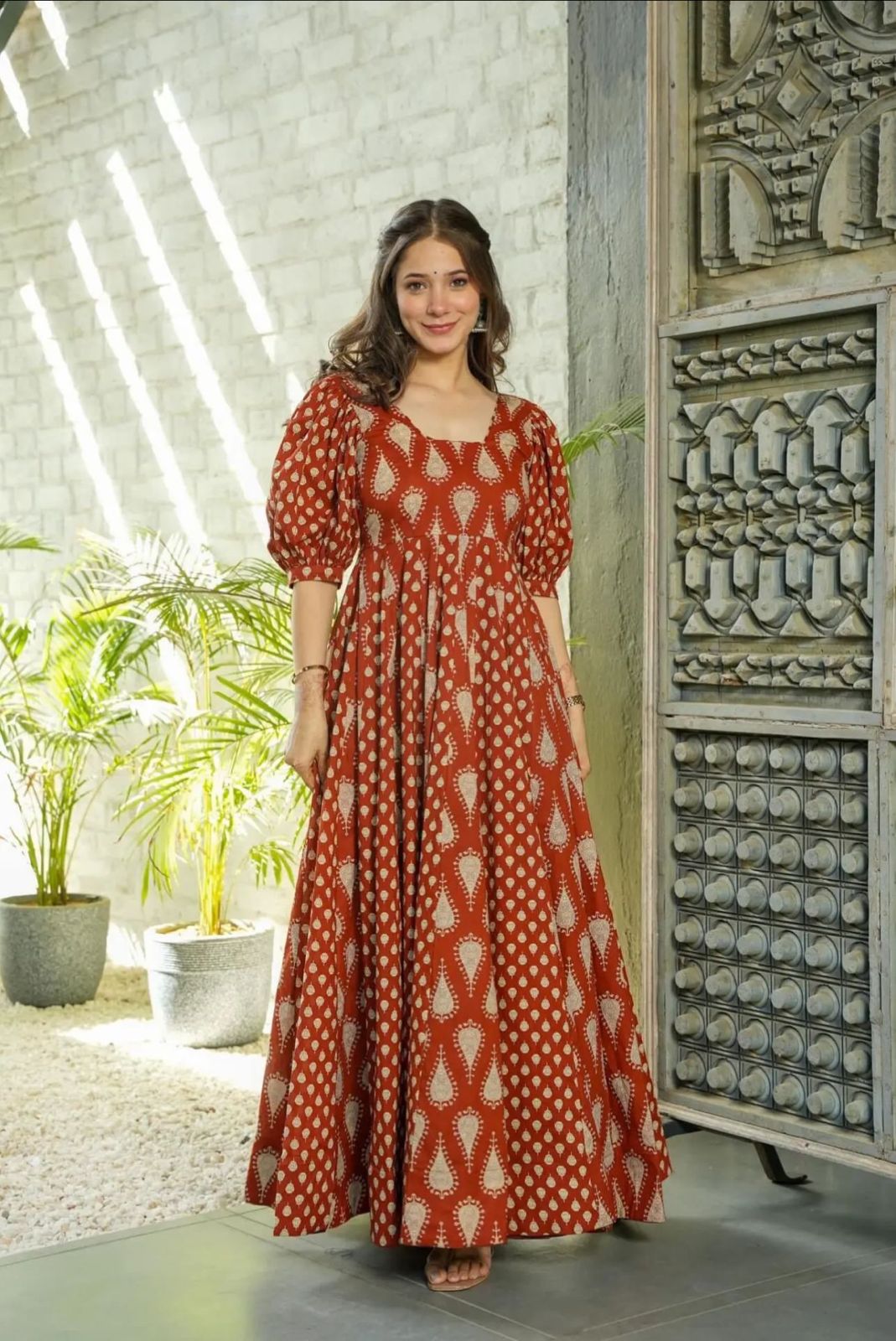 Orange Printed Puff Sleeves Anarkali Suit