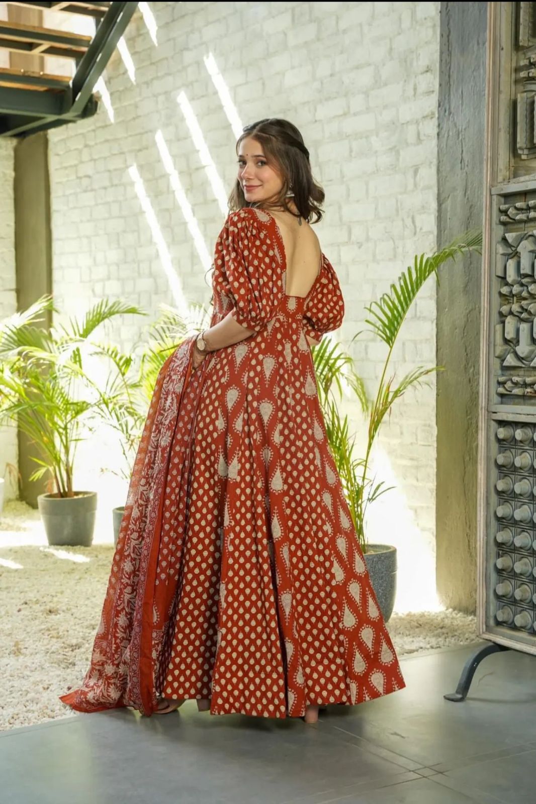 Orange Printed Puff Sleeves Anarkali Suit