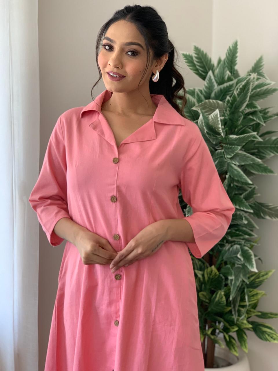 Hand loom Cotton FLex A-line Kurti Pant Co-ord Set With Side Pockets