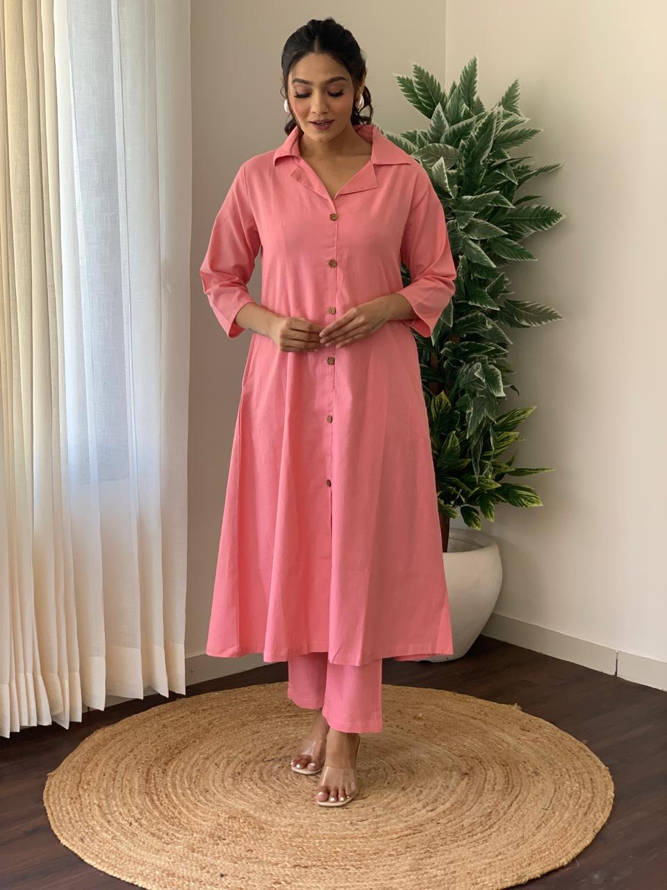 Hand loom Cotton FLex A-line Kurti Pant Co-ord Set With Side Pockets