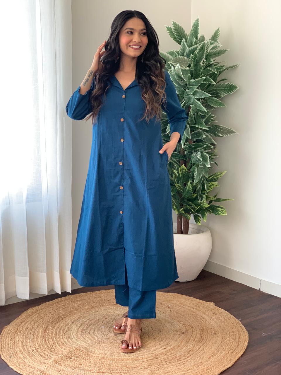 Hand loom Cotton FLex A-line Kurti Pant Co-ord Set With Side Pockets