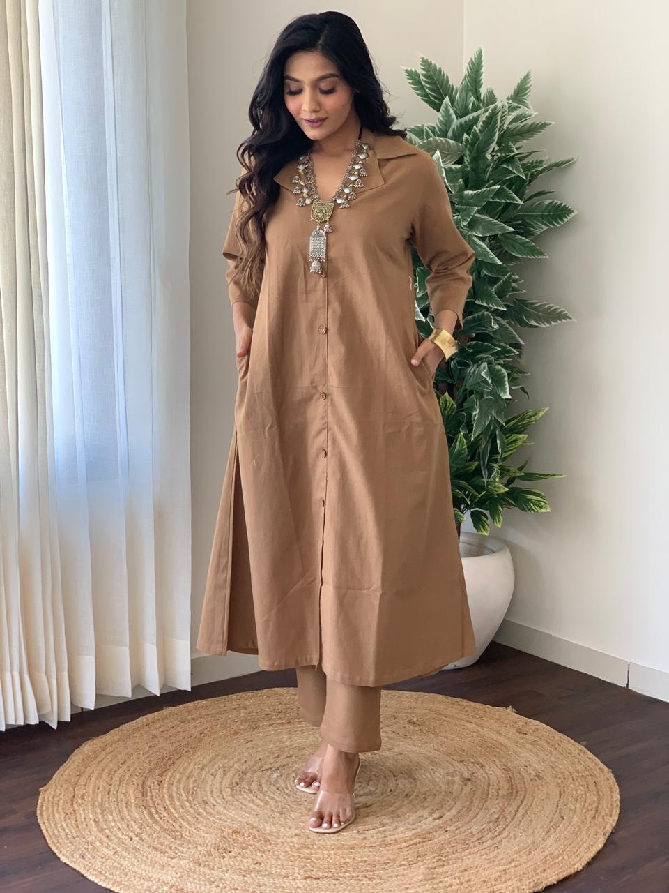 Hand loom Cotton FLex A-line Kurti Pant Co-ord Set With Side Pockets
