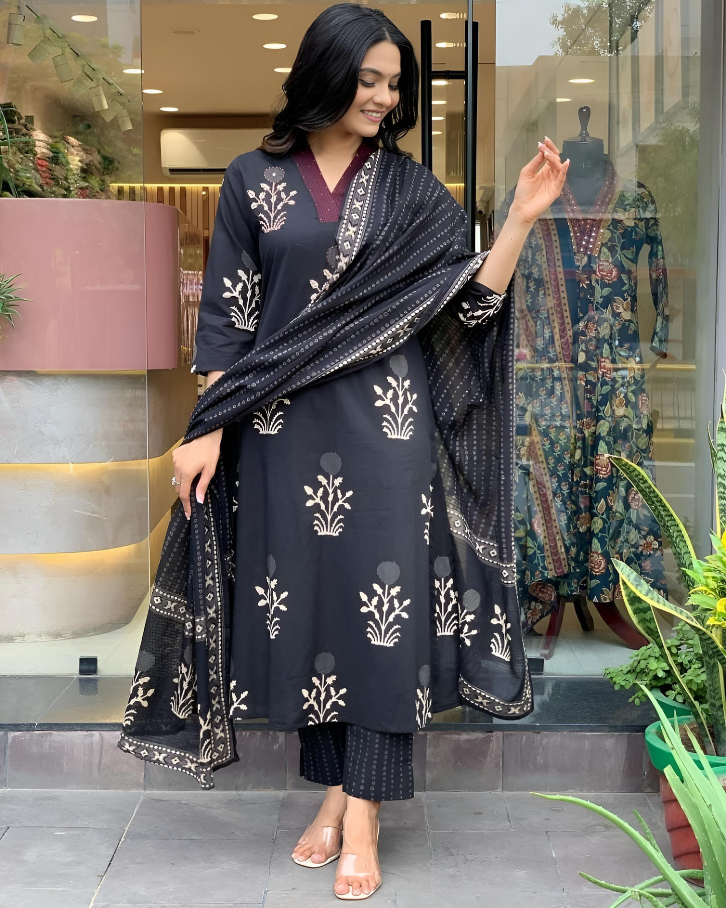 Cotton Block Printed Embroidered Kurta Pant With Dupatta (2 Colors)