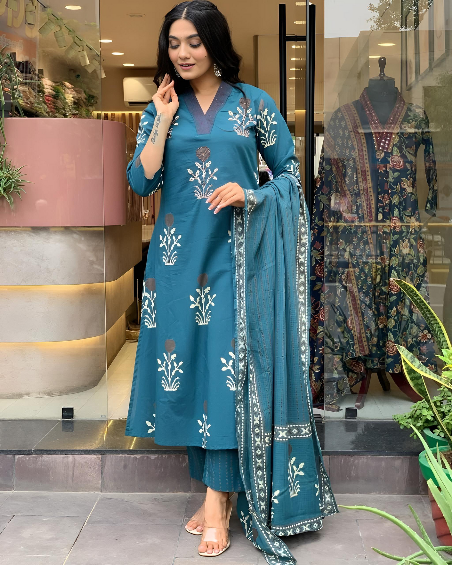 Cotton Block Printed Embroidered Kurta Pant With Dupatta (2 Colors)