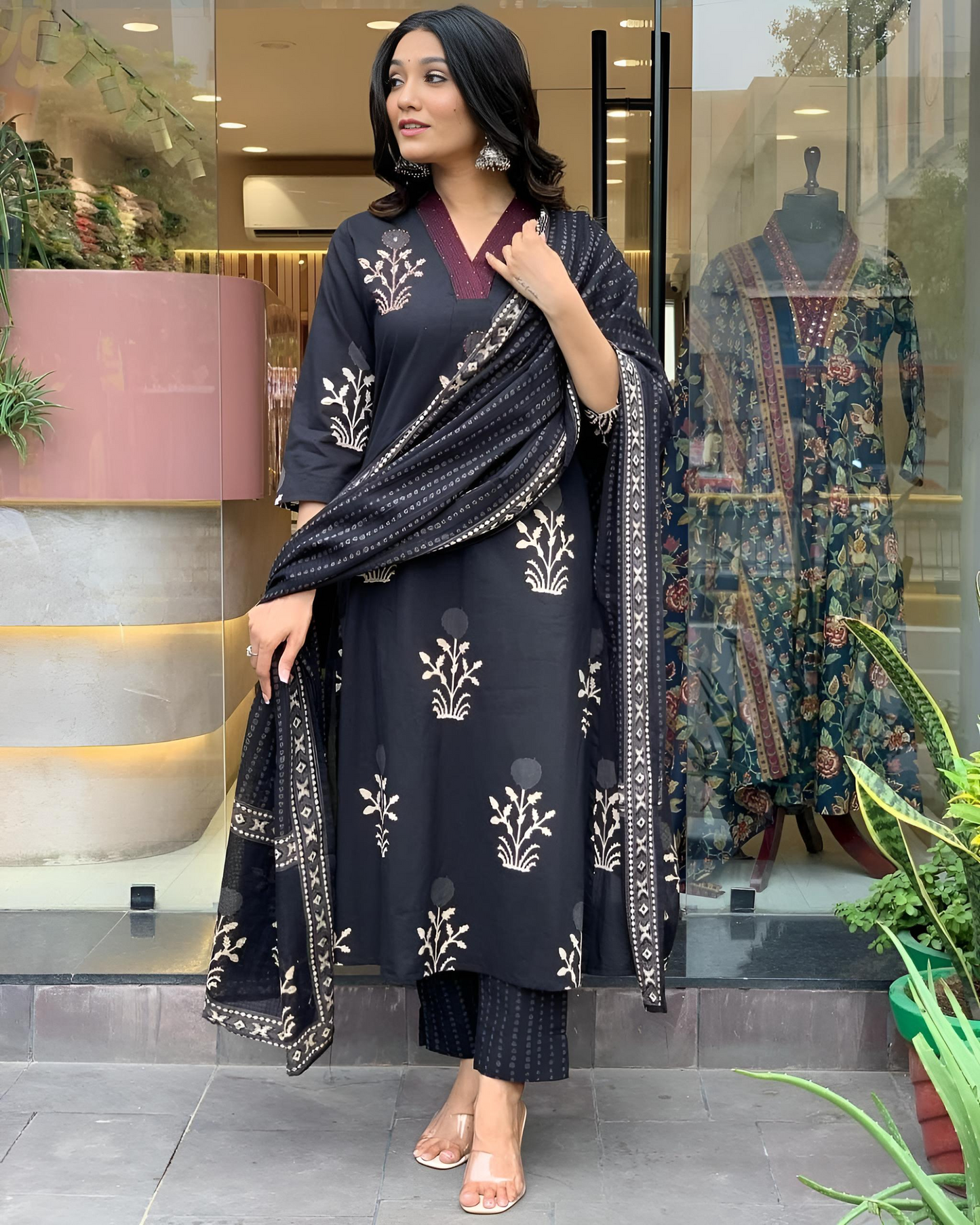 Cotton Block Printed Embroidered Kurta Pant With Dupatta (2 Colors)